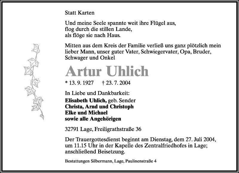  Traueranzeige für Artur Uhlich  vom 26.07.2004 aus LZ