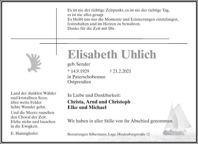  Traueranzeige für Elisabeth Uhlich  vom 27.02.2021 aus LZ
