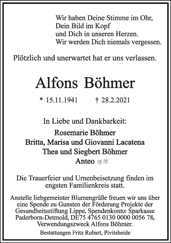 Anzeige  Alfons Böhmer  Lippische Landes-Zeitung