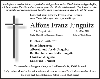 Anzeige  Alfons Franz Jungnitz  Lippische Landes-Zeitung