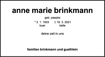 Anzeige  Anne Marie Brinkmann  Lippische Landes-Zeitung