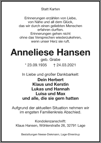 Anzeige  Anneliese Hansen  Lippische Landes-Zeitung
