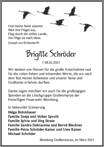 Anzeige  Brigitte Schröder  Lippische Landes-Zeitung