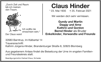 Anzeige  Claus Hinder  Lippische Landes-Zeitung