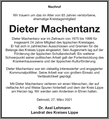 Anzeige  Dieter Machentanz  Lippische Landes-Zeitung