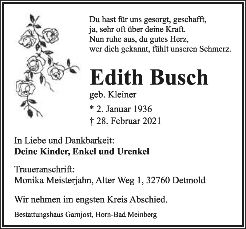  Traueranzeige für Edith Busch vom 06.03.2021 aus Lippische Landes-Zeitung