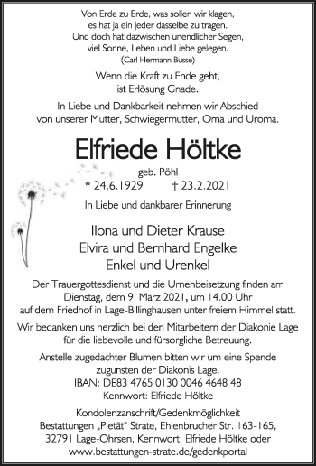 Anzeige  Elfriede Höltke  Lippische Landes-Zeitung