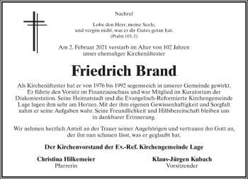 Anzeige  Friedrich Brand  Lippische Landes-Zeitung