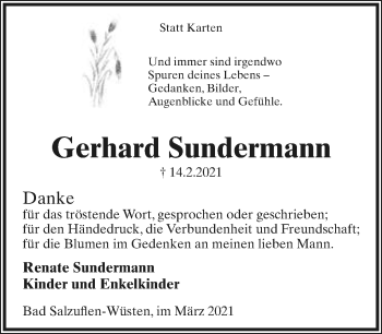Anzeige  Gerhard Sundermann  Lippische Landes-Zeitung