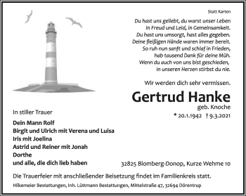 Anzeige  Gertrud Hanke  Lippische Landes-Zeitung