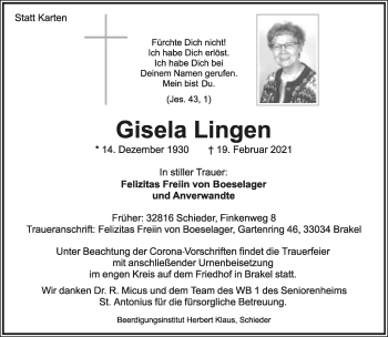 Anzeige  Gisela Lingen  Lippische Landes-Zeitung
