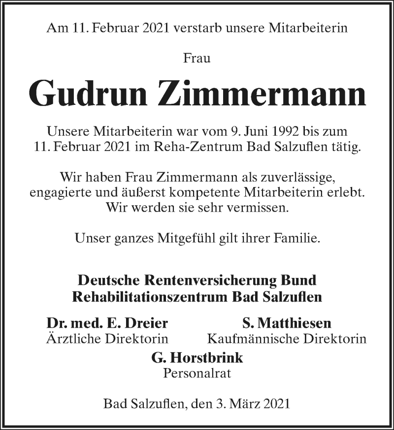  Traueranzeige für Gudrun Zimmermann vom 06.03.2021 aus Lippische Landes-Zeitung
