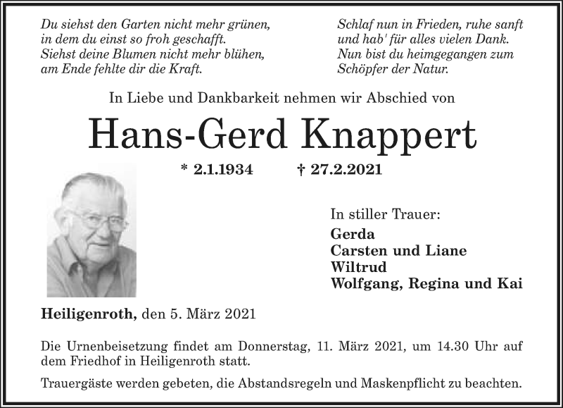  Traueranzeige für Hans-Gerd Knappert vom 13.03.2021 aus Lippische Landes-Zeitung