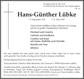 Anzeige  Hans-Günther Lübke  Lippische Landes-Zeitung