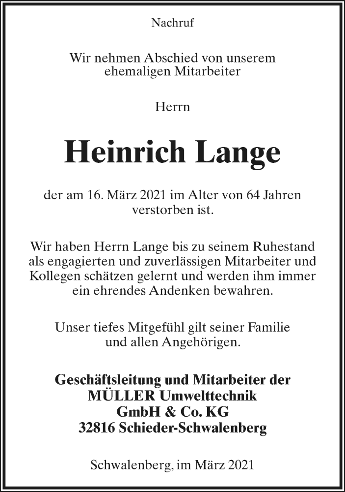  Traueranzeige für Heinrich Lange vom 20.03.2021 aus Lippische Landes-Zeitung