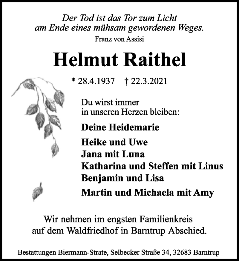  Traueranzeige für Helmut Raithel vom 27.03.2021 aus Lippische Landes-Zeitung