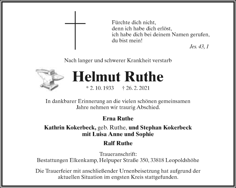  Traueranzeige für Helmut Ruthe vom 06.03.2021 aus Lippische Landes-Zeitung