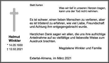 Anzeige  Helmut Winkler  Lippische Landes-Zeitung