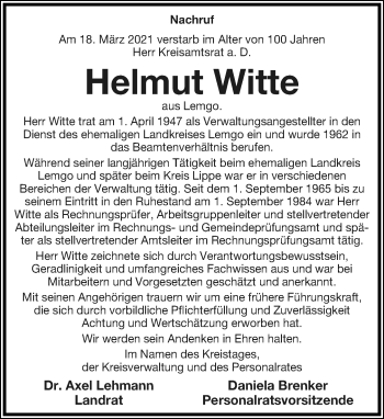 Anzeige  Helmut Witte  Lippische Landes-Zeitung