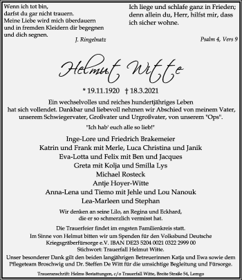 Anzeige  Helmut Witte  Lippische Landes-Zeitung