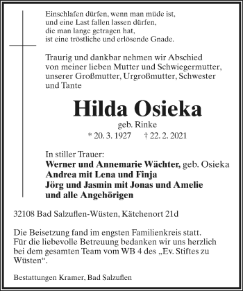 Anzeige  Hilda Osieka  Lippische Landes-Zeitung