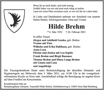 Anzeige  Hilde Brehm  Lippische Landes-Zeitung