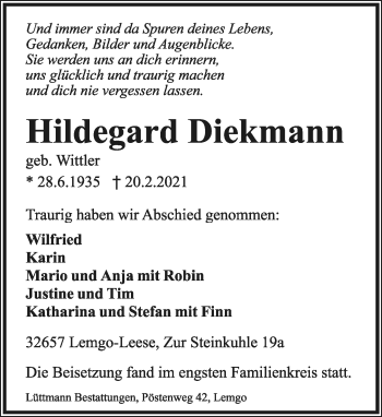 Anzeige  Hildegard Diekmann  Lippische Landes-Zeitung