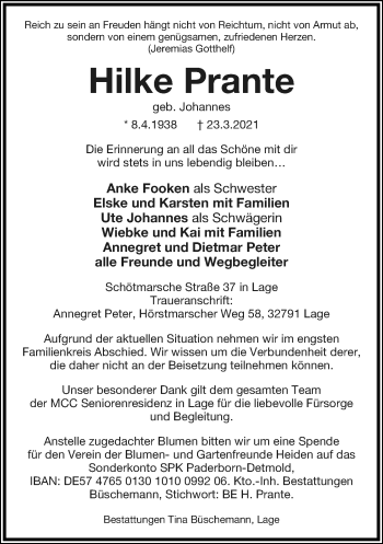 Anzeige  Hilke Prante  Lippische Landes-Zeitung