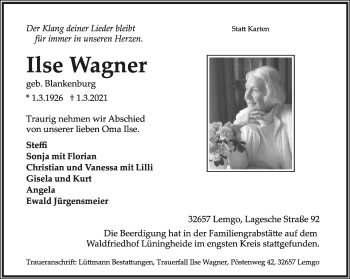 Anzeige  Ilse Wagner  Lippische Landes-Zeitung