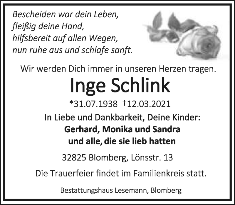  Traueranzeige für Inge Schlink vom 20.03.2021 aus Lippische Landes-Zeitung