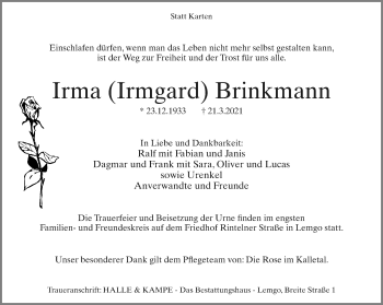 Anzeige  Irma Brinkmann  Lippische Landes-Zeitung