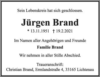 Anzeige  Jürgen Brand  Lippische Landes-Zeitung