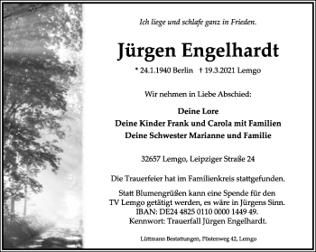 Anzeige  Jürgen Engelhardt  Lippische Landes-Zeitung