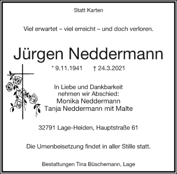 Anzeige  Jürgen Neddermann  Lippische Landes-Zeitung