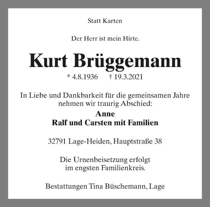  Traueranzeige für Kurt Brüggemann vom 24.03.2021 aus Lippische Landes-Zeitung
