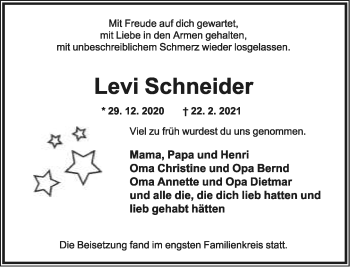 Anzeige  Levi Schneider  Lippische Landes-Zeitung