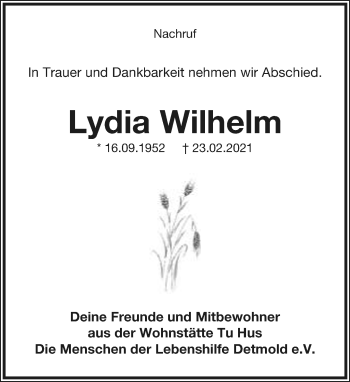 Anzeige  Lydia Wilhelm  Lippische Landes-Zeitung
