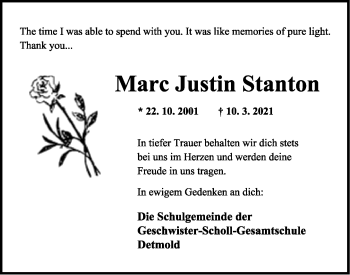 Anzeige  Marc Justin Stanton  Lippische Landes-Zeitung