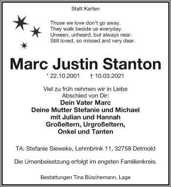 Anzeige  Marc Justin Stanton  Lippische Landes-Zeitung