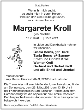 Anzeige  Margarete Kroll  Lippische Landes-Zeitung