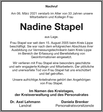 Anzeige  Nadine Stapel  Lippische Landes-Zeitung