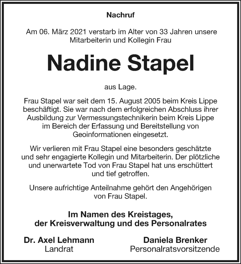  Traueranzeige für Nadine Stapel vom 20.03.2021 aus Lippische Landes-Zeitung