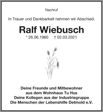 Anzeige  Ralf Wiebusch  Lippische Landes-Zeitung