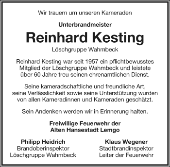 Anzeige  Reinhard Kesting  Lippische Landes-Zeitung