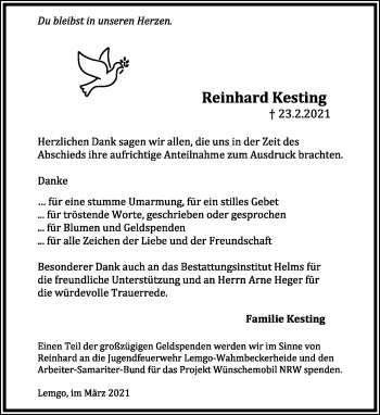 Anzeige  Reinhard Kesting  Lippische Landes-Zeitung