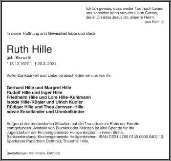 Anzeige  Ruth Hille  Lippische Landes-Zeitung