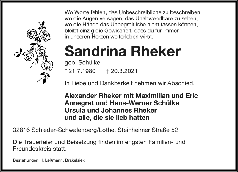  Traueranzeige für Sandrina Rheker vom 23.03.2021 aus Lippische Landes-Zeitung