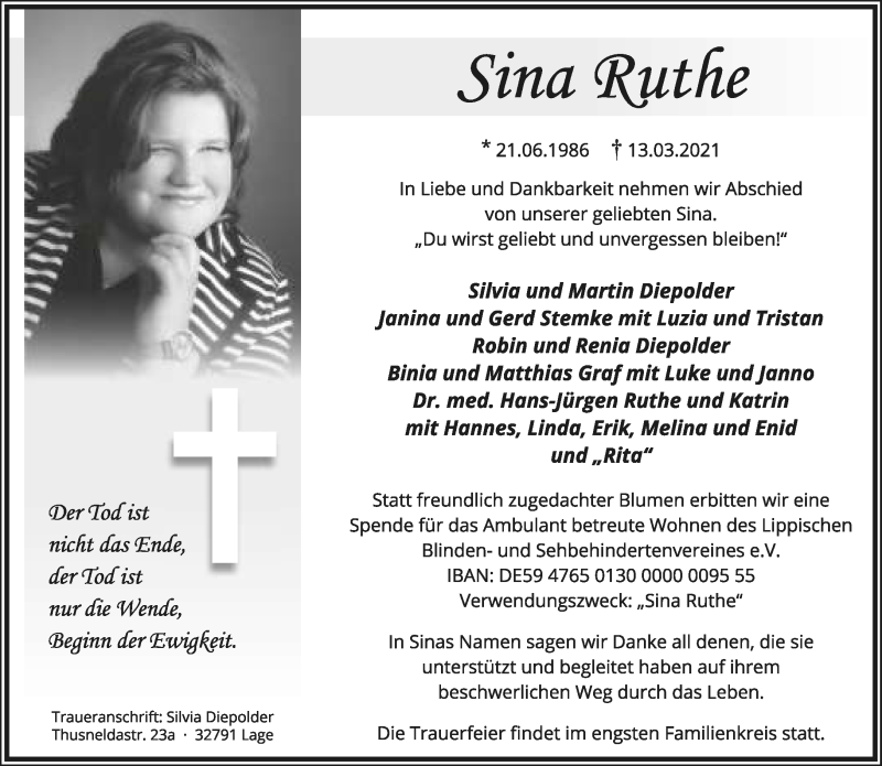  Traueranzeige für Sina Ruthe vom 17.03.2021 aus Lippische Landes-Zeitung
