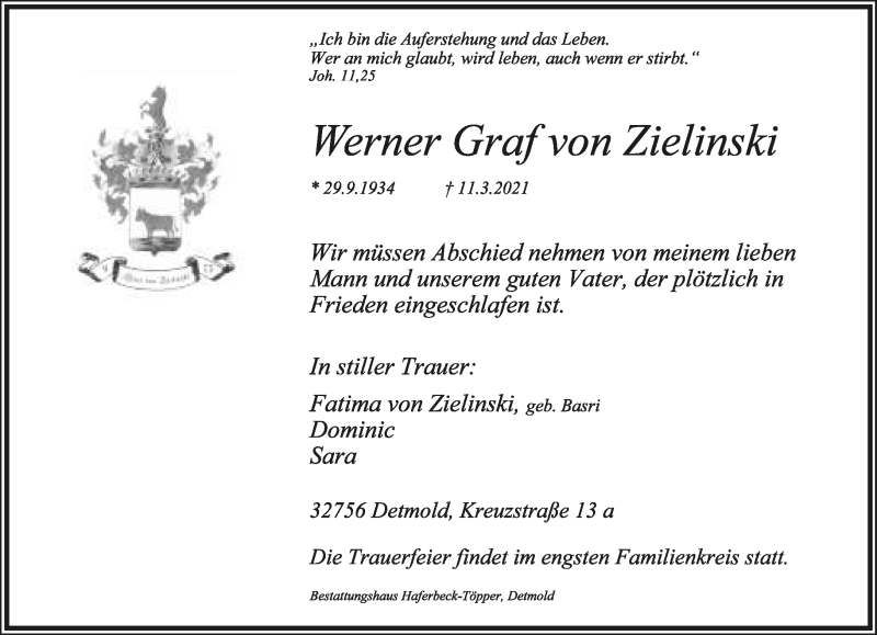  Traueranzeige für Werner Graf von Zielinski vom 13.03.2021 aus Lippische Landes-Zeitung