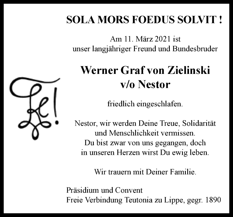  Traueranzeige für Werner Graf von Zielinski vom 23.03.2021 aus Lippische Landes-Zeitung